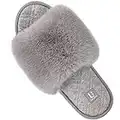 LongBay Women's Fuzzy Faux Fur Memory Foam Cozy Flat Spa Slide Slippers Comfy Open Toe Slip On House Shoes Sandals (Medium / 7-8, Gray)