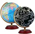 Illuminated World Globe for Kids With Wooden base Night View Stars Constellation Pattern Globe lamp with Detailed World Map Built-in LED Educational Gift Night Stand Decor + pen and Cleaning Cloths