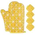 AUAUY 1 Par Manoplas Horno, Algodón Antideslizante Cotton Guantes Cocina, Oven Gloves Resistente al Calor para Hornear Cocinar Barbacoa Microondas con 4 Manteles Aislados(Amarillo)