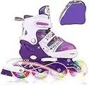 JIFAR Youth Children’s Inline Skates for Kids, Adjustable Inlines Skates with Light Up Wheels for Girls Boys, Indoor&Outdoor Ice Skating Equipment Medium Size(2-5 US), Purple