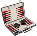 Engelhart Deluxe Wooden Backgammon Game in Leatherette Covered Case, 2 player, 5 dice, 2 cups as well as shuffleboard, (Black/Red 15")