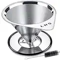 Pour Over Coffee Dripper Stainless Steel LHS Slow Drip Coffee Filter Metal Cone Paperless Reusable Single Cup Coffee Maker 1-2 Cup with Non-Slip Cup Stand and Cleaning Brush