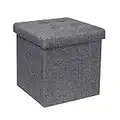 Bonlife Grey Folding Linen Fabric Ottoman Storage Boxes with Lids,32cm Cube Small Footstool Seat Reat Toy Box Storage Chest for Living Room