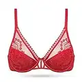 Deyllo Women's Sexy Lace Underwire Bra Plunge Floral Mesh Bra Lightweight Lined Padded Cups Bra（Lava Red，38DD）