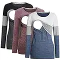 Bearsland Women's 3 Packs Maternity Nursing T-Shirt Long Sleeves Breastfeeding Shirts Nursing Top,blkgry+gryblu+red,L