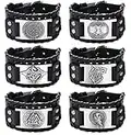 SAILIMUE 6Pcs Viking Bracelet for Men Punk Wide Leather Cuff Bracelet Viking Jewelry Men Nordic Bracelet with Runic Compass Wolf Fenrir-Celtic Pagan Jewelry of Talisman