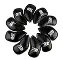 CRAFTSMAN GOLF 10pcs Black Skull Thick Pu Synthetic Leather Golf Iron Head Covers Set Headcover Skull Fit All Brands Callaway, Ping, Taylormade, Cobra Etc.