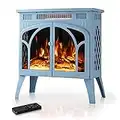 Electactic 24Inch Electric Fireplace Stove , Free-Standing Infrared Fireplace Stove, Controllable 3D Flame, 4 Variable Flame&Log Colors, 1500w, 5100BTU, Blue