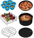 COSORI Heißluftfritteuse Zubehör, Sechsteiliges Zubehörset für 5,5L Fritteusen Air Fyer aller Marken, Backform, Pizza Pan, Grillrost, Dämpfen Rack, Silikonmatte, Muffinform