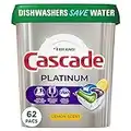 Cascade Platinum Dishwasher Pods, Dishwasher Detergent, Dishwasher Pod, Dishwasher Soap Pod, Actionpacs Dish Washing Pod, Lemon, 62 Count Dishwasher Detergent Pods