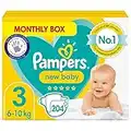 Pampers Baby Nappies Size 3 (6-10 kg / 13-22 lbs), New Baby, 204 Nappies, MONTHLY SAVINGS PACK, Protection For Sensitive Newborn Skin