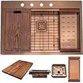 Strictly Sinks 33” Topmount Kitchen Workstation Sink-Copper Single Bowl 16 Gauge Stainless Steel Drop In Sink with Wooden Cutting Board, Color Matching Colander & Bottom Protector Grid