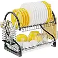 Dish Rack, iSPECLE Dish Drying Rack with Drainer Cutting Board Cutlery Holder 2 Tier Dish Drainer for Small Kitchen Counter Space, Black