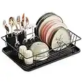 Dish Drying Rack, iSPECLE Small Dish Rack with Drainboard Utensil Holder, Compact Dish Drainer for Kitchen Countertop Sink, Black