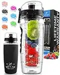 Zulay (34oz Capacity) Fruit Infuser Water Bottle with Sleeve - Anti-Slip Grip & Flip Top Lid Infused Water Bottles for Women & Men - Water Infusion Bottle - Onyx Black