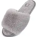 LongBay Ladies' Fluffy Faux Fur Open Toe Memory Foam House Slipper Cute Comfy Flat Cozy House Shoes , Grey, 5/6 UK