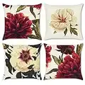 Bonhause 4 Pack Federa per Cuscini Fiore Rosso e Beige 45 x 45 cm Fiori di Peonia Poliestere Biancheria Copricuscini Decorativi per Divano Letto Auto