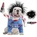 Deadly Dog Clothes Dog Costume Halloween Costumes for Dogs, Adjustable Dog Cosplay Costume Funny Doll Wig Pug Dog Party Clothes Christmas Costume, Dog Deadly Costume with Blood Knife