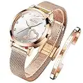 OLEVS Montre pour Femme en Or Rose avec Cœur et Diamants Cadran Blanc Montre à Quartz Ceinture étanche Ensemble de Bracelets