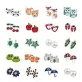 HOVEOX 20 Pairs Stud Earrings Stainless Steel Mixed Color Cute Animals Fruit Mushroom Cherry Pearl Fox Bear Butterfly Bee Owl Flower Star Ladybug Heart Frog Stud Earrings Set for Women