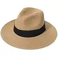 Lanzom Women Wide Brim Straw Panama Roll up Hat Fedora Beach Sun Hat UPF50+ (A-Square Belt Brown)