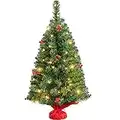 Yaheetech 3ft/90cm Prelit Tabletop Mini Christmas Tree with LED Warm Toned Lights Portable Holiday Decoration Artificial Tree with Red Berries 1Pack