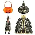 Aemotoy Halloween Costume Wizard Cape Witch Cloak with Hat and Pumpkin Candy Bag, Halloween Kids Costume Props for Boys Girls Cosplay Party, Black