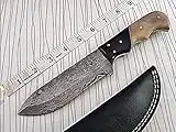 Damascus Steel Full Tang 9.5" Long Blade Skinning Knife, Custom Made Hand Forged 5" Blade with 4.5" Cutting, Bull Horn & Camel Bone Scale, Cow Hide Leather Sheath Included