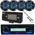 Single DIN USB/AUX Bluetooth Marine Boat Yacht Stereo CD Receiver Bundle Combo with 4 x Enrock 6.5" 2-Way Chrome Speakers w/Multicolor LED Lighting + Enrock Waterproof Stereo Cover + Radio Antenna