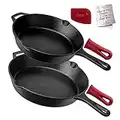 Cast Iron Skillets - Pre-Seasoned 2-Piece Pan Set: 10" + 12"-Inch + 2 Heat-Resistant Silicone Handle Covers - Dual Handle Helpers - Oven Safe Cookware - Indoor/Outdoor, Grill, Stovetop, Induction Safe