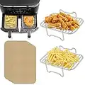 2Stücke 304 Edelstahl Heißluftfritteuse Grillrost mit 100 Stücke Backpapier kompatibel mit Ninja Foodi AF300EU AF400EU, Dehydrate Rack Heißluftfritteuse Set Für Ninja Foodi Dual Zone Air Fryer