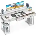 ODK Computer Desk with Drawers and Storage Shelves, 63 inch Home Office Desk with Monitor Stand, Modern Work Study Writing Table Desk for Small Spaces, White + White Leg