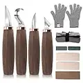 Wood Carving Tools Set of 11- Includes Black Walnut Handle Wood Carving Knife,Whittling Knife,Hook Knife,Polishing Compound,Sharpening Stone,Cut Resistant Gloves,Wood Carving Kit for Beginners.