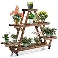 Giantex Étagère à Fleurs en Bois à roulettes , Porte Plante à 4 Niveaux, Support de Pots de Fleurs Stable & Solide, pour Jardin, Balcon, Terrasse, 145 x 34 x 105