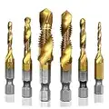 Mesee 6 Pieces HSS Countersink Tap Drill Bits, Titanium Coated Combination Drill & Tap Bit Set Hex Shank Spiral Pointed Taps Drill Bit -Metric Size M3 M4 M5 M6 M8 M10