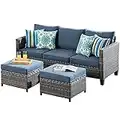 ovios Patio Sofa, All Weather Outdoor Rattan Wicker Sofa and 2 Ottomans High Back Couch for Garden Backyard Porch (3 PCS, Denim Blue)