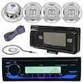 Single DIN Marine Motorsports Bluetooth USB AUX AM/FM Radio Stereo CD Player Receiver + 4X 400W 6.5" Silver Coaxial Speakers + Radio Antenna + 16g 50FT Speaker Wire