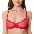 WingsLove Women's Sexy 1/2 Cup Lace Unlined Bra Soft Mesh Underwired Demi Bra (Red,36B)