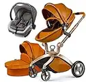 NEW 3 in 1 Passeggino Completo Trio,da 0 a 48 Mesi,con Seggiolino Auto,zanzariera, parapioggia，accessori,paesaggio alto (Marrone-3)