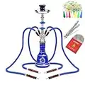 Hookah Set 4 Hose Shisha Complete Set, Portable Glass Vase Hookahs Shisha Set, Include 100 Disposable Tips, 50 Pre-Punched Aluminum Foil,Blue