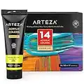 ARTEZA Ensemble De Peinture Acrylique, 14 Tubes De Couleurs (120ml) Avec Boite De Rangement, Pigments Riches Haute Qualité, Non Toxique, Pour Artiste Professionnel, Peintres Amateurs Et Enfants