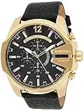 Diesel Watch for Men Mega Chief, Chronograph Movement, 51 mm Gold Stainless Steel Case with a Leather Strap, DZ4344