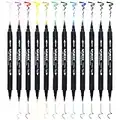 KXF Watercolour Brush Pen Set, 12 Colours Dual Tip Brush Pens Art Markers with Soft Flexible Brush Tip& Fineliner Tip,Watercolor Effects Markers for Adult coloring Book/Calligraphy/Lettering/Manga