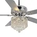 FebFurniture 52" Crystal Ceiling Fan Fandelier with Lights and Remote Control Modern Chandelier Ceiling Fan with Reversible Blades, Silent Motor, 3 Speed, 4 Timing Options, Chrome