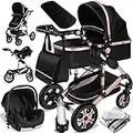 KESSER® Loops 3 in 1 Stroller combo juego completo de sillas de paseo incl. Asiento deportivo para bañera y silla de paseo, neumáticos de caucho macizo, bolso cambiador, negro/Rosé oro