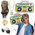 BIQIQI Fasching Karneval Kostüm 5 in 1 Vokuhila Set mit Vokuhila Perücke Aufblasbare Radio Boombox Sonnenbrille Goldkette Ring Gold Dollar 80er 90er Party Accessoires Rapper Zubehör Hip Hop Kostüm