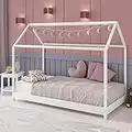 Panana Wooden Kids House Bed Frame, Solid Pine WoodTreehouse Style Childrens Floor Bed Frame for Toddlers and Children (White)