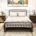 DUMEE Queen Bed Frame with Headboard and Storage No Box Spring Needed Metal Platform Bed Frame Queen Size with Bed Slats Support,Textured Black