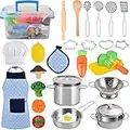 TwobeFit Giocattoli da Cucina per Bambini, 30 Pezzi Cucina Pentole Giocattolo per Bambini Taglio Cibo Verdura Acciaio Inossidabile Accessori Cucina, Grembiule e Cappello per Bambini dai 3 Anni in su