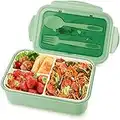 通用 Fiambrera de 1400 ml para niños y adultos, cajas de almuerzo Bento con cubiertos y 3 compartimentos, recipiente para alimentos sin BPA, microondas y lavavajillas (verde)